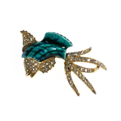 Vintage Jumping Fish Pin Aqua and Gold with Rhinestones by 1960s - Vintage Meet Modern Vintage Jewelry - Chicago, Illinois - #oldhollywoodglamour #vintagemeetmodern #designervintage #jewelrybox #antiquejewelry #vintagejewelry