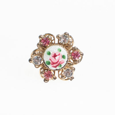 Pink and White Rose Guilloche Statement with Pink and Diamante Rhinestones by Vintage Meet Modern - Vintage Meet Modern Vintage Jewelry - Chicago, Illinois - #oldhollywoodglamour #vintagemeetmodern #designervintage #jewelrybox #antiquejewelry #vintagejewelry