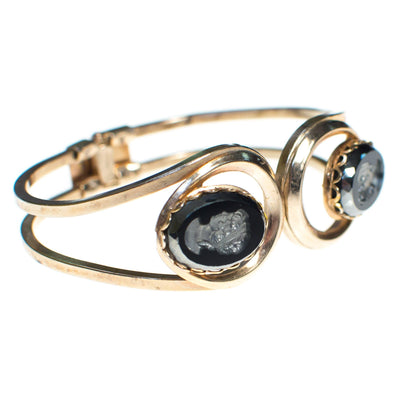 Vintage Black Crystal Carved Cameo Gold Hinged Clamper Bracelet by 1960s - Vintage Meet Modern Vintage Jewelry - Chicago, Illinois - #oldhollywoodglamour #vintagemeetmodern #designervintage #jewelrybox #antiquejewelry #vintagejewelry