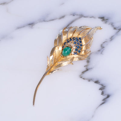 Vintage Mid Century Modern Gold Leaf Brooch with Blue and Diamante Rhinestones, Faux Jade by Vintage Meet Modern - Vintage Meet Modern Vintage Jewelry - Chicago, Illinois - #oldhollywoodglamour #vintagemeetmodern #designervintage #jewelrybox #antiquejewelry #vintagejewelry