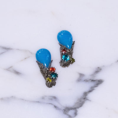 Vintage Blue Art Glass and Teal, Red, and Citrine Rhinestone Earrings by Vintage Meet Modern - Vintage Meet Modern Vintage Jewelry - Chicago, Illinois - #oldhollywoodglamour #vintagemeetmodern #designervintage #jewelrybox #antiquejewelry #vintagejewelry