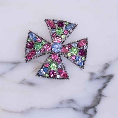 Vintage Blue, Purple, Green, Pink Rhinestone Maltese Cross Brooch by Vintage Meet Modern - Vintage Meet Modern Vintage Jewelry - Chicago, Illinois - #oldhollywoodglamour #vintagemeetmodern #designervintage #jewelrybox #antiquejewelry #vintagejewelry