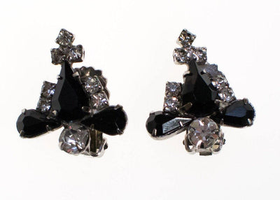 Vintage Jet Black and Clear Crystal Rhinestone Earrings, Clip On by 1950s - Vintage Meet Modern Vintage Jewelry - Chicago, Illinois - #oldhollywoodglamour #vintagemeetmodern #designervintage #jewelrybox #antiquejewelry #vintagejewelry