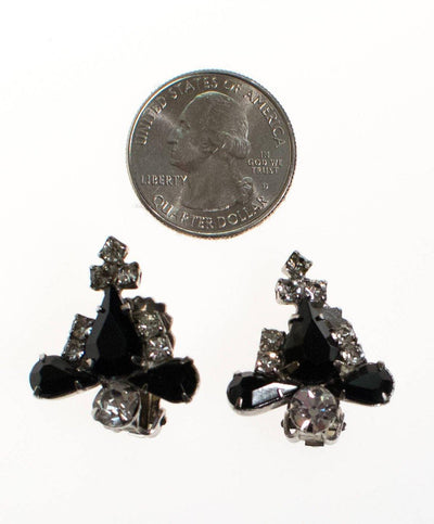 Vintage Jet Black and Clear Crystal Rhinestone Earrings, Clip On by 1950s - Vintage Meet Modern Vintage Jewelry - Chicago, Illinois - #oldhollywoodglamour #vintagemeetmodern #designervintage #jewelrybox #antiquejewelry #vintagejewelry