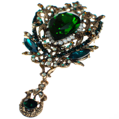 Vintage Emerald Crystal, Opaline, Amber Rhinestone Brooch with dangling charm by Unsigned Beauty - Vintage Meet Modern Vintage Jewelry - Chicago, Illinois - #oldhollywoodglamour #vintagemeetmodern #designervintage #jewelrybox #antiquejewelry #vintagejewelry