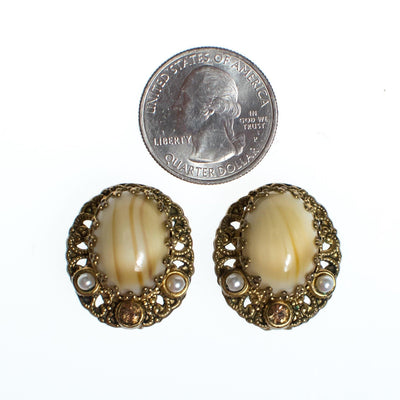 Vintage West Germany Earrings, Cream and Brown Striped Gemstone, Gold Rhinestone, Faux Pearls, Clip-on by West Germany - Vintage Meet Modern Vintage Jewelry - Chicago, Illinois - #oldhollywoodglamour #vintagemeetmodern #designervintage #jewelrybox #antiquejewelry #vintagejewelry