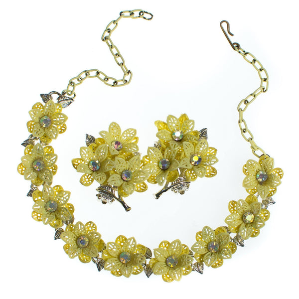 Vintage Yellow Flower Choker Necklace with Aurora Borealis Crystals ...