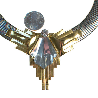 Vintage 1980s Art Deco Inspired Steampunk Collar Necklace in Silver with Gold Accented and Carved Geometric Crystal by 1980s - Vintage Meet Modern Vintage Jewelry - Chicago, Illinois - #oldhollywoodglamour #vintagemeetmodern #designervintage #jewelrybox #antiquejewelry #vintagejewelry