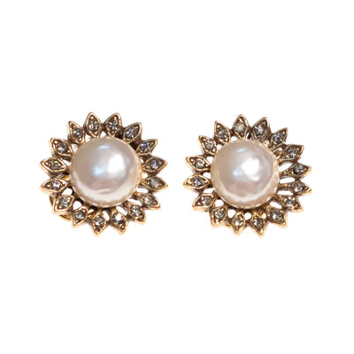 Vintage Sunflower Pearl and Diamante Crystal Earrings by Unsigned - Vintage Meet Modern Vintage Jewelry - Chicago, Illinois - #oldhollywoodglamour #vintagemeetmodern #designervintage #jewelrybox #antiquejewelry #vintagejewelry