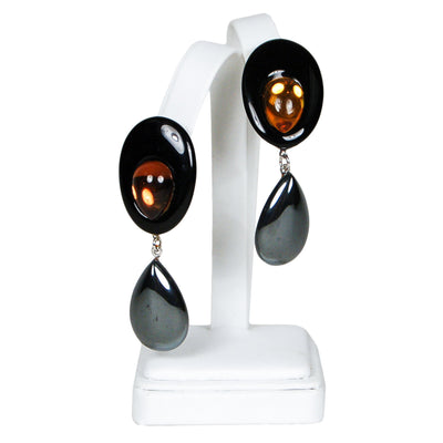 Wendy Gell Statement Earrings in Black with Amber Glass & Hematite by Wendy Gell - Vintage Meet Modern Vintage Jewelry - Chicago, Illinois - #oldhollywoodglamour #vintagemeetmodern #designervintage #jewelrybox #antiquejewelry #vintagejewelry